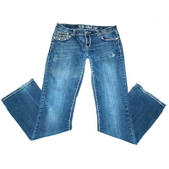 L.A. Idol USA - Iron Cross on Back Pocket - Distressed Patched Denim Jeans 32X32 - Picture 4 of 13